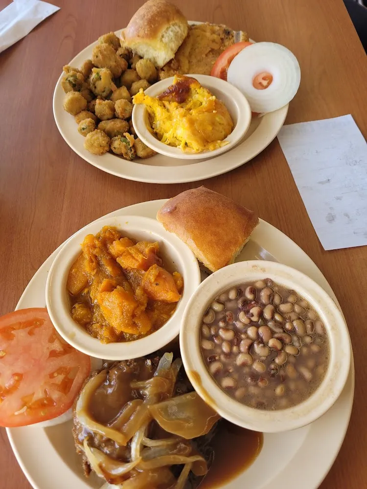 Hamburger Steak Yams and Purple Hull Peas